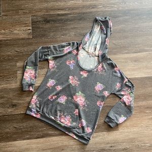 Floral print grey and pink light sweater top with hood from Charlotte Russe